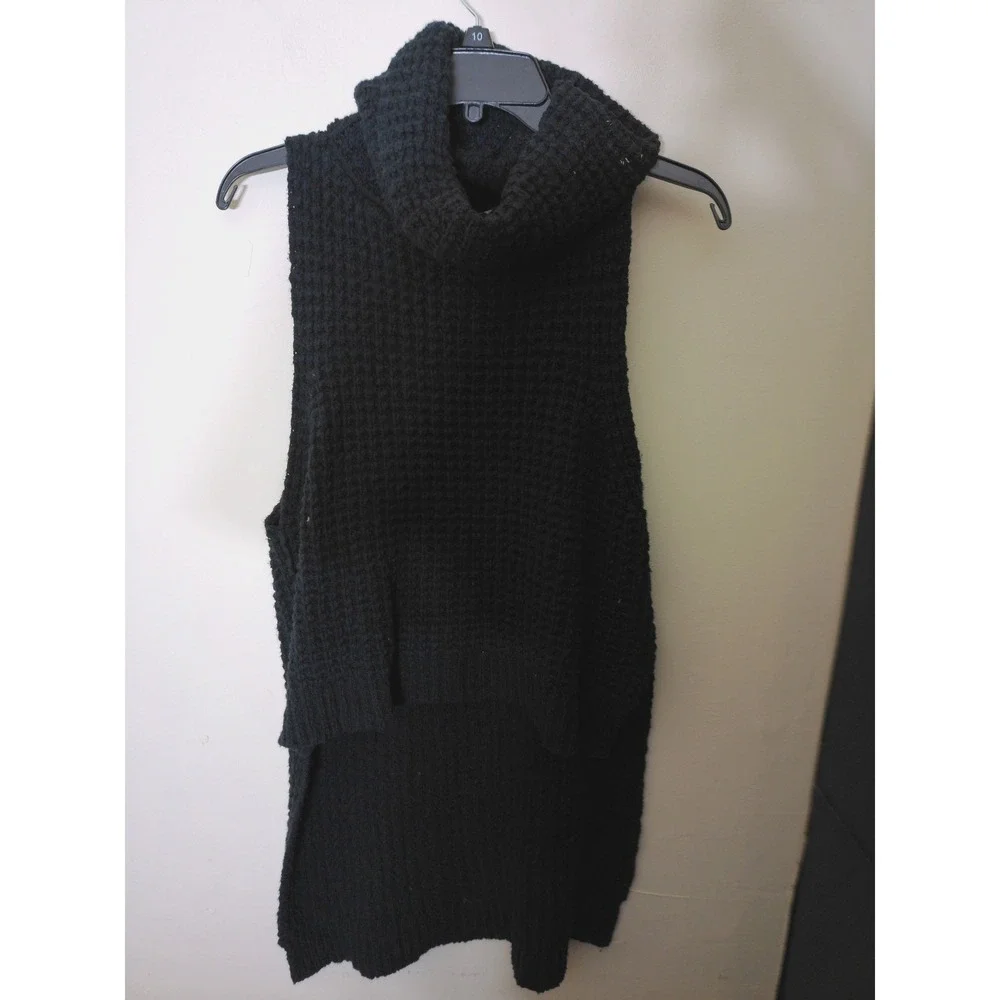 Free People Sweater Vest Womens XS Black Waffle Knit High Low Turtleneck Cozy